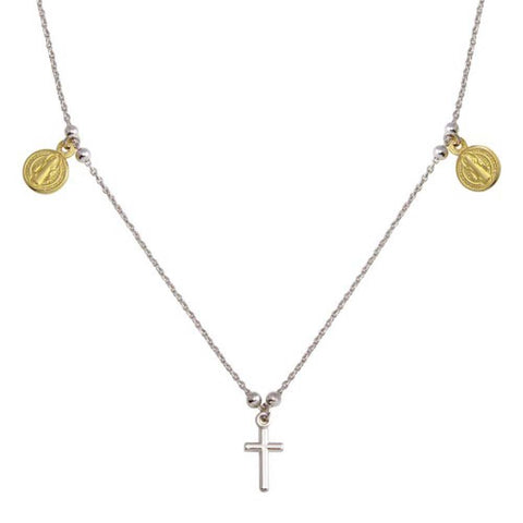 Sterling Silver 2 Toned Rhodium Gold Plated Cross With Religious Charms Necklace