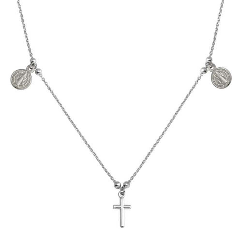 Sterling Silver Rhodium Cross With Religious Charms Necklace