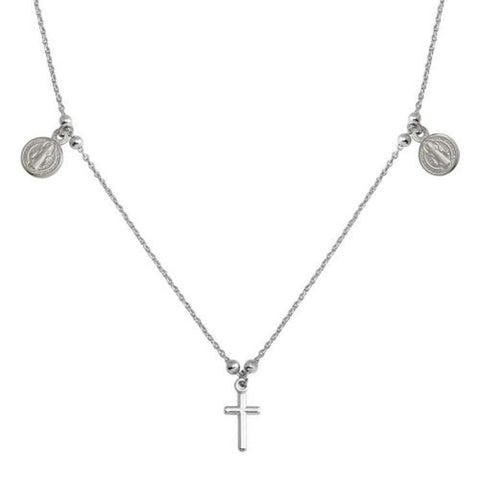 Sterling Silver Rhodium Cross With Religious Charms Necklace