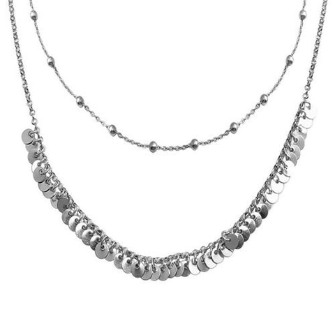 Sterling Silver Rhodium Beaded Disc Charms Double Chain Choker Necklace
