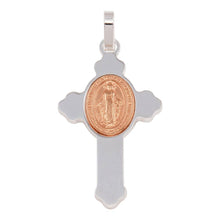 Load image into Gallery viewer, Sterling Silver Rhodium Plated Cross Pendant with Rose Gold Plated Medallion Pendant