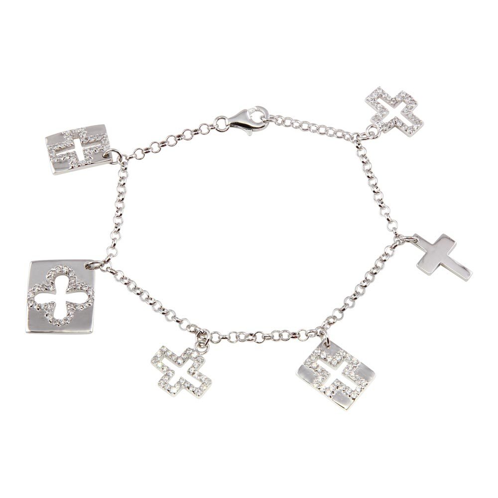 Sterling Silver Multi Cross Charm Bracelet with Clear CZ