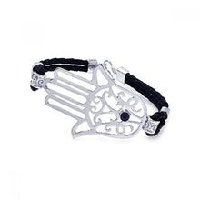 Load image into Gallery viewer, Black Braided Cord Bracelet with Sterling Silver Sideways Hamsa Hand with Black CZ