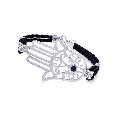 Black Braided Cord Bracelet with Sterling Silver Sideways Hamsa Hand with Black CZ