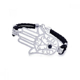 Black Braided Cord Bracelet with Sterling Silver Sideways Hamsa Hand with Black CZ