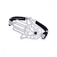 Black Braided Cord Bracelet with Sterling Silver Sideways Hamsa Hand with Black CZ