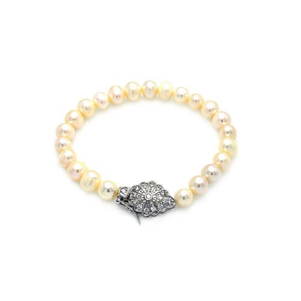Sterling Silver Rhodium Plated Flower CZ Fresh Water Pearl Bracelet