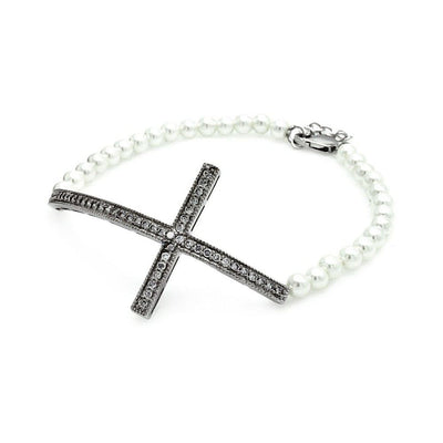 Pearl Bead Bracelet with Sterling Silver Sideways Cross Charm Paved with Clear CZ