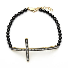 Load image into Gallery viewer, Bead Bracelet with Sterling Silver Black &amp; Yellow Gold Plated Sideways Cross Charm Paved with CZ