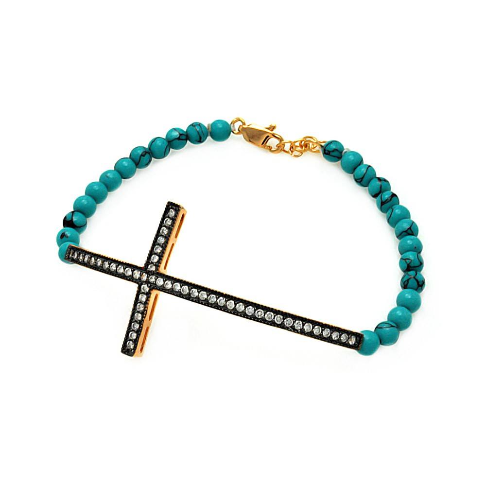 Turquoise Bead Bracelet with Sterling Silver Black & Yellow Gold Plated Sideways Cross Charm Paved with Clear CZ