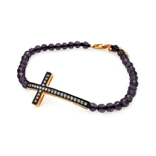 Load image into Gallery viewer, Bead Bracelet with Sterling Silver Black &amp; Yellow Gold Plated Sideways Cross Charm Paved with CZ