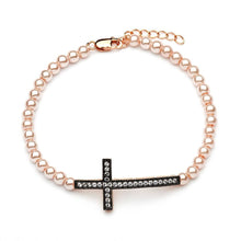 Load image into Gallery viewer, Rose Pearl Bead Bracelet with Sterling Silver Black Plated Sideways Cross Charm Paved with Clear CZ