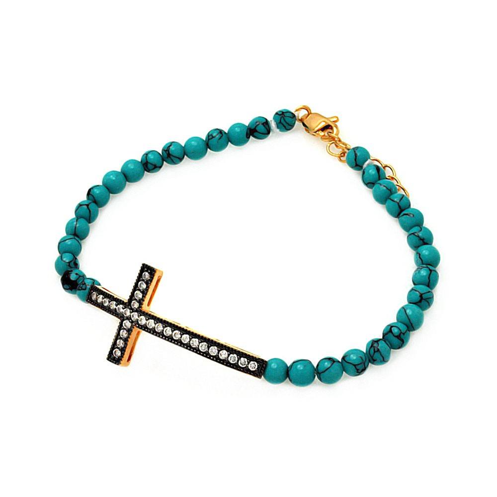 Turquoise Bead Bracelet with Sterling Silver Black & Yellow Gold Plated Sideways Cross Charm Paved with CZ