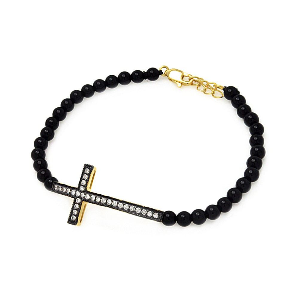 Bead Bracelet with Sterling Silver Black & Yellow Gold Plated Sideways Cross Charm Paved with CZ