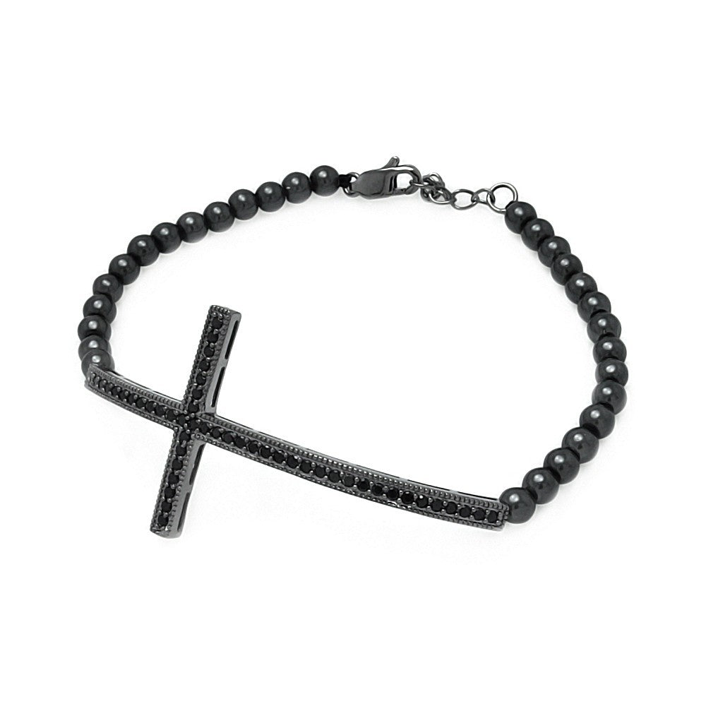 Black Bead Bracelet with Sterling Silver Black Plated Sideways Cross Charm Paved with Black CZ