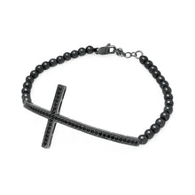 Load image into Gallery viewer, Black Bead Bracelet with Sterling Silver Black Plated Sideways Cross Charm Paved with Black CZ