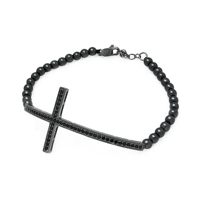 Black Bead Bracelet with Sterling Silver Black Plated Sideways Cross Charm Paved with Black CZ