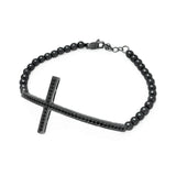 Black Bead Bracelet with Sterling Silver Black Plated Sideways Cross Charm Paved with Black CZ