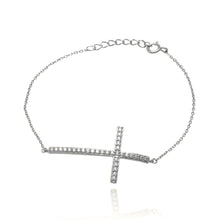 Load image into Gallery viewer, Sterling Silver Bracelet with Sideways Cross Charm Paved with Clear CZ