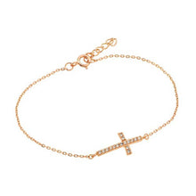 Load image into Gallery viewer, Sterling Silver Rose Gold Plated Sideways Cross CZ Bracelet