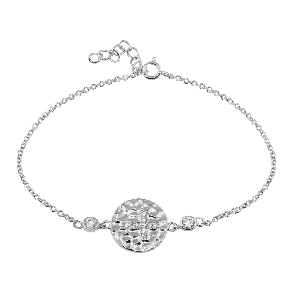 Sterling Silver Bracelet Circle Charm Inlaid with Clear CZ