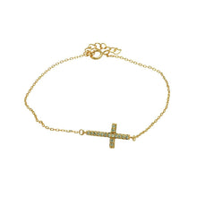Load image into Gallery viewer, Sterling Silver Yellow Gold Plated Bracelet with Small Sideways Cross Charm Paved with Clear CZ