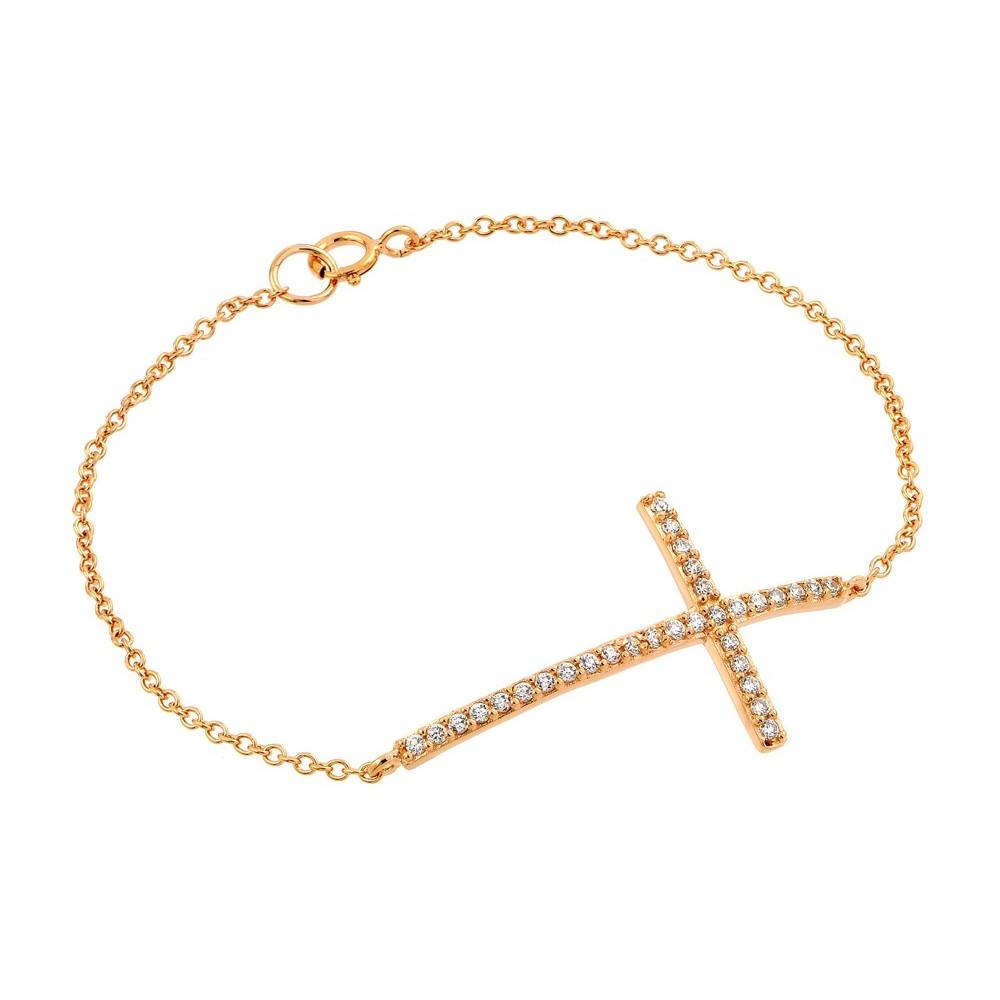 Sterling Silver Rose Gold Plated Bracelet with Sideways Cross Charm Paved with Clear CZ