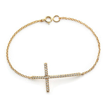 Load image into Gallery viewer, Sterling Silver Yellow Gold Plated Bracelet with Sideways Cross Charm Paved with Clear CZ