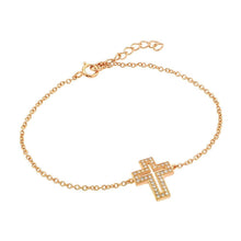 Load image into Gallery viewer, Sterling Silver Rose Gold Plated Bracelet with Open Cross Charm Paved with Clear CZ