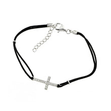 Load image into Gallery viewer, Black Leather Cord Bracelet with Sterling Silver Sideways Cross Charm Paved with Clear CZ