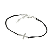 Load image into Gallery viewer, Black Leather Cord Bracelet with Sterling Silver Sideways Cross Charm Paved with Clear CZ