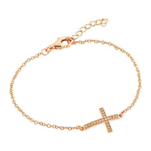 Load image into Gallery viewer, Sterling Silver Rose Gold Plated Bracelet with Sideways Cross Charm Paved with Clear CZ