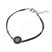 Load image into Gallery viewer, Sterling Silver Blue CZ Evil Eye Leather Strap Bracelet