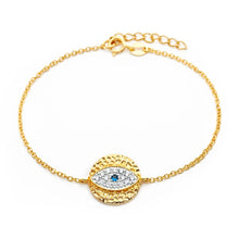 Load image into Gallery viewer, Sterling Silver Yellow Gold Plated Inlay Evil Eye Charm with Paved with Clear &amp; Blue CZ Bracelet