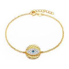 Sterling Silver Yellow Gold Plated Inlay Evil Eye Charm with Paved with Clear & Blue CZ Bracelet