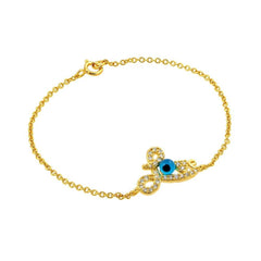 Sterling Silver Yellow Gold Plated Bracelet with  LOVE  Charm Paved with Clear CZ and Evil Eye Charm