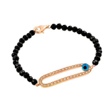 Load image into Gallery viewer, Sterling Silver Rose Gold Plated Open Oval Design Paved with Clear CZ and Side Evil Eye Charm Beaded Bracelet