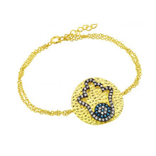 Load image into Gallery viewer, Sterling Silver Yellow Gold Plated Inlay Hamsa Hand Charm with Centered Evil Eye Paved with Clear &amp; Blue CZ Bracelet
