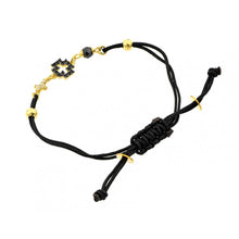 Load image into Gallery viewer, Black Cord Bracelet with Sterling Silver Yellow Gold Plated Open Cross Charm with Black CZ