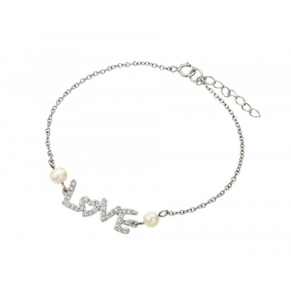 Sterling Silver Rhodium Plated Love Fresh Water Pearl Bracelet