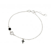 Load image into Gallery viewer, Sterling Silver Rhodium Plated Onyx Cross Heart Bracelet