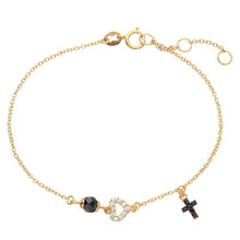 Load image into Gallery viewer, Sterling Silver Gold Plated Bracelet With CrossAnd Open Heart And Black CZ Bead