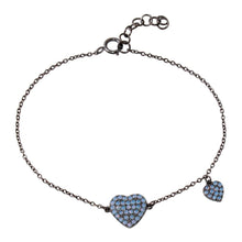 Load image into Gallery viewer, Sterling Silver Black Rhodium Plated Big Heart with Opal and Dangling Small Heart with Opal Lariat Bracelet