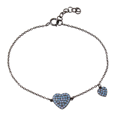 Sterling Silver Black Rhodium Plated Big Heart with Opal and Dangling Small Heart with Opal Lariat Bracelet