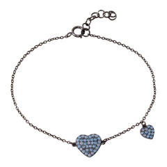 Sterling Silver Black Rhodium Plated Big Heart with Opal and Dangling Small Heart with Opal Lariat Bracelet