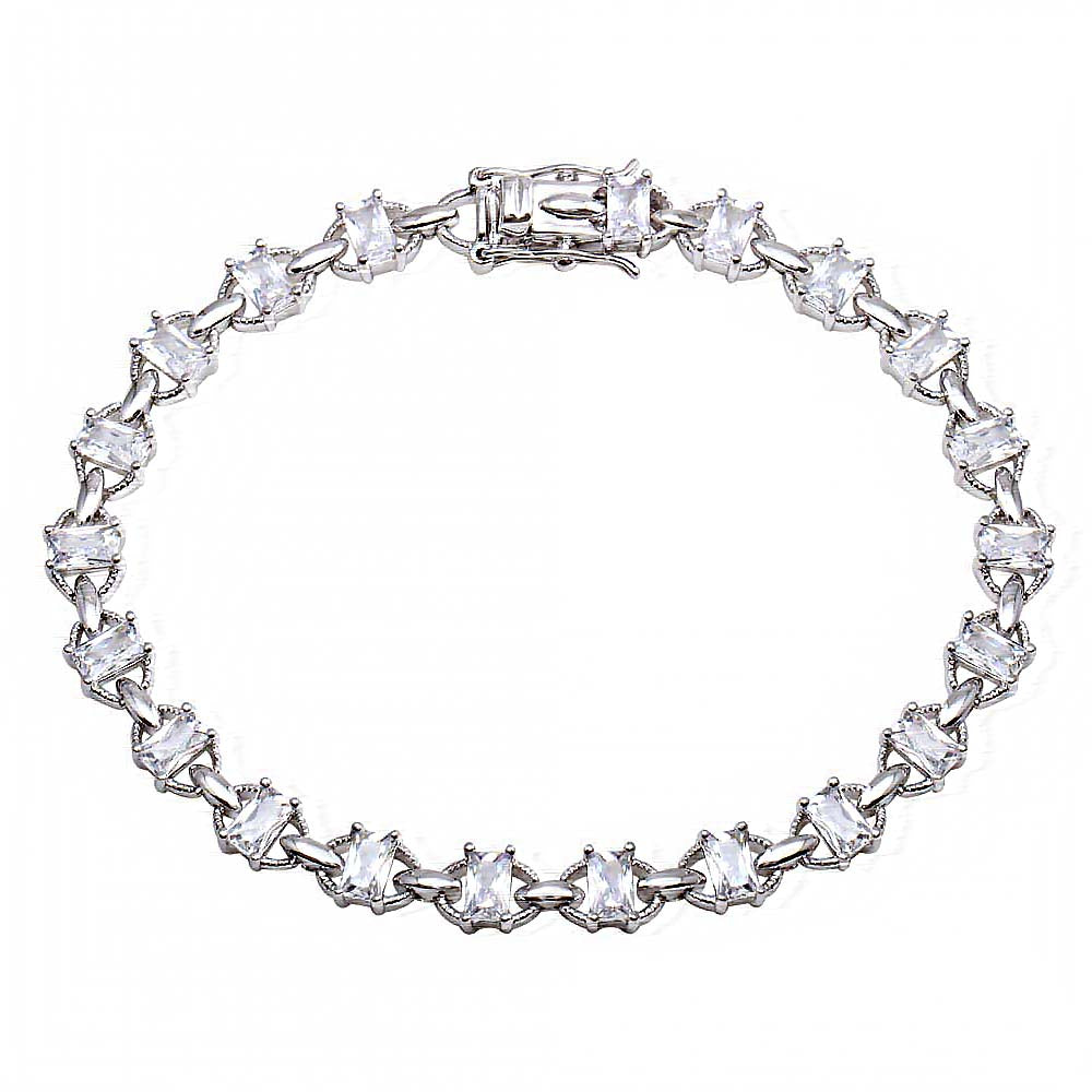 Sterling Silver Rhodium Plated Link CZ Tennis Bracelet