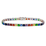 Sterling Silver Rhodium Plated Square Rainbow CZ Tennis Bracelet