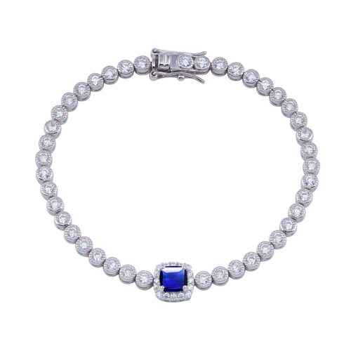 Sterling Silver Green CZ Blue Halo Center Bubble Tennis Bracelet