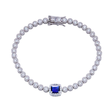 Load image into Gallery viewer, Sterling Silver Green CZ Blue Halo Center Bubble Tennis Bracelet