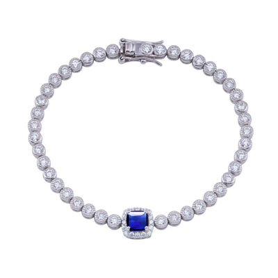 Sterling Silver Green CZ Blue Halo Center Bubble Tennis Bracelet